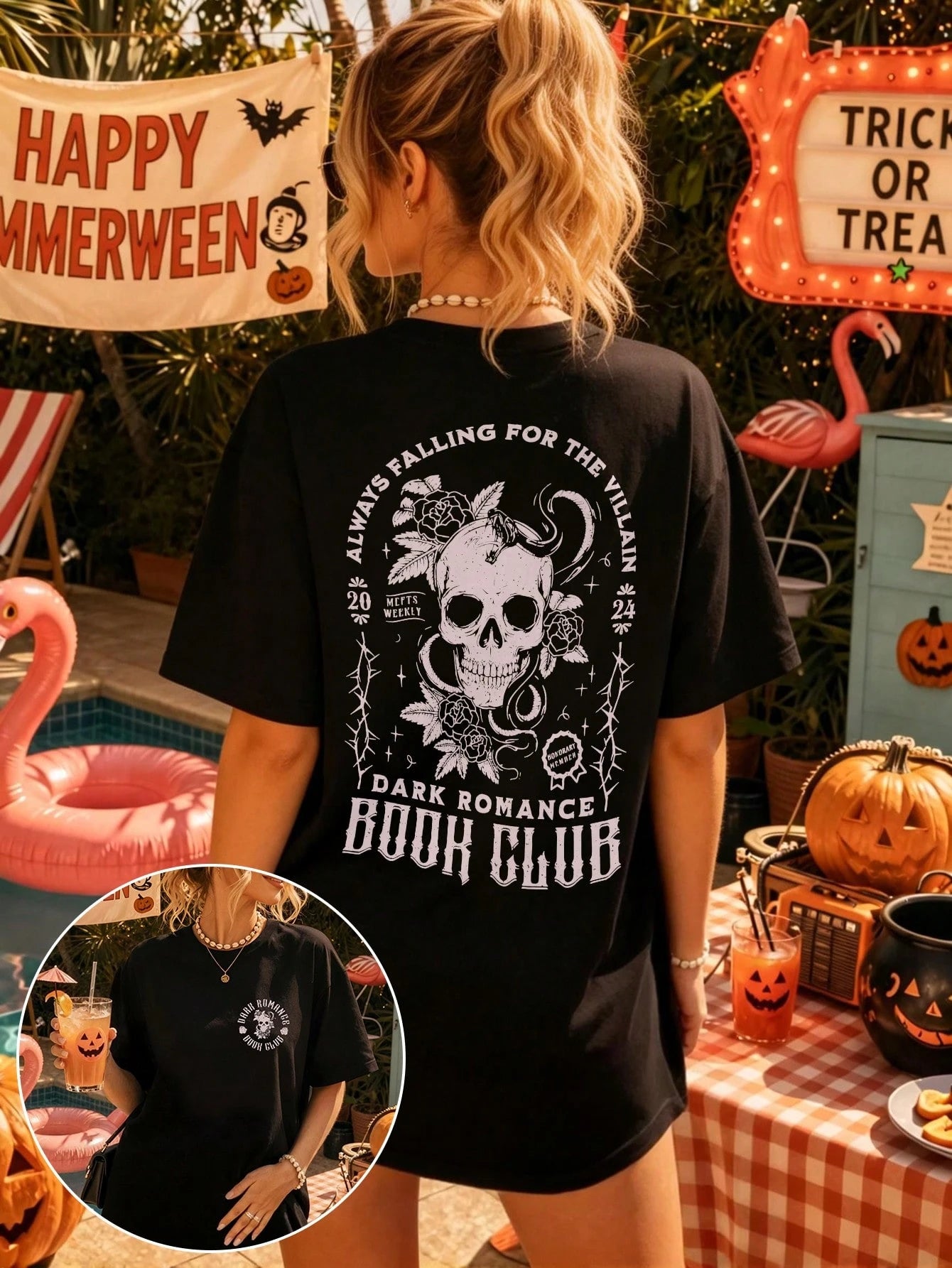 EMERY ROSE Plus Size Women Plus Size Casual Loose T-Shirt With Slogan & Skull Print, Street Style For Summer