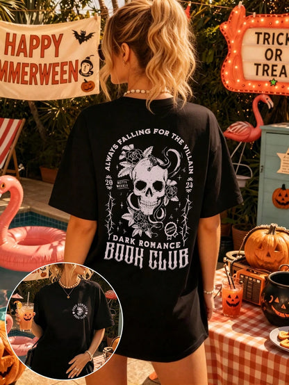 EMERY ROSE Plus Size Women Plus Size Casual Loose T-Shirt With Slogan & Skull Print, Street Style For Summer