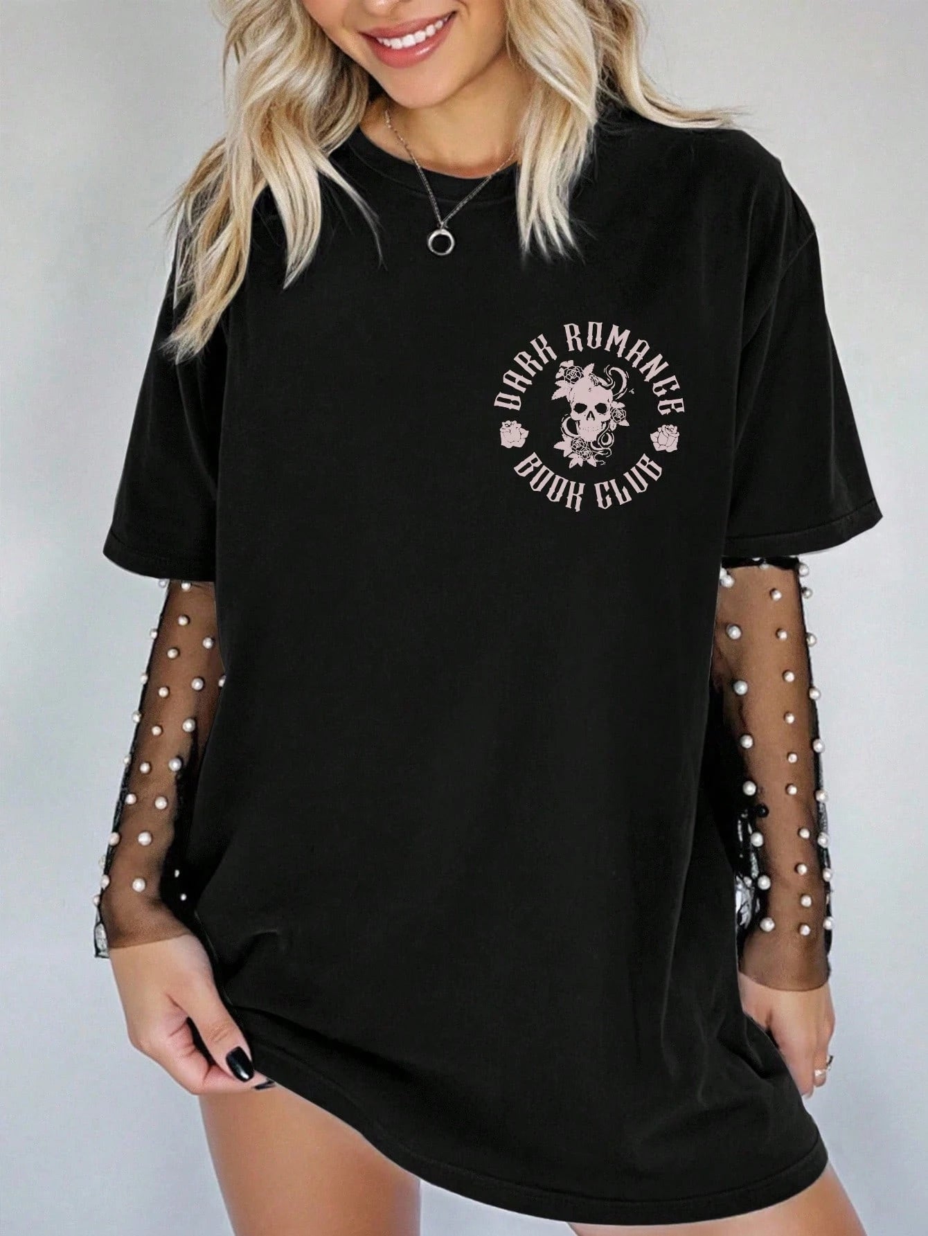 EMERY ROSE Plus Size Women Plus Size Casual Loose T-Shirt With Slogan & Skull Print, Street Style For Summer