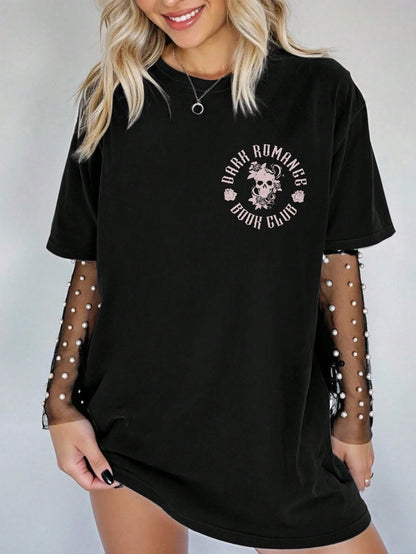 EMERY ROSE Plus Size Women Plus Size Casual Loose T-Shirt With Slogan & Skull Print, Street Style For Summer