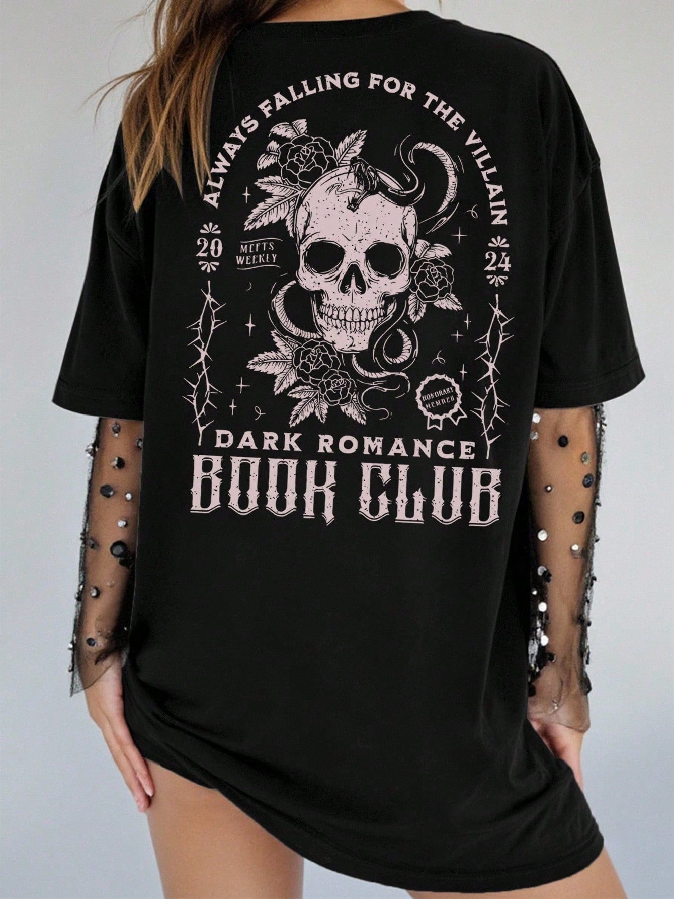 EMERY ROSE Plus Size Women Plus Size Casual Loose T-Shirt With Slogan & Skull Print, Street Style For Summer