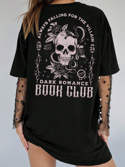 EMERY ROSE Plus Size Women Plus Size Casual Loose T-Shirt With Slogan & Skull Print, Street Style For Summer