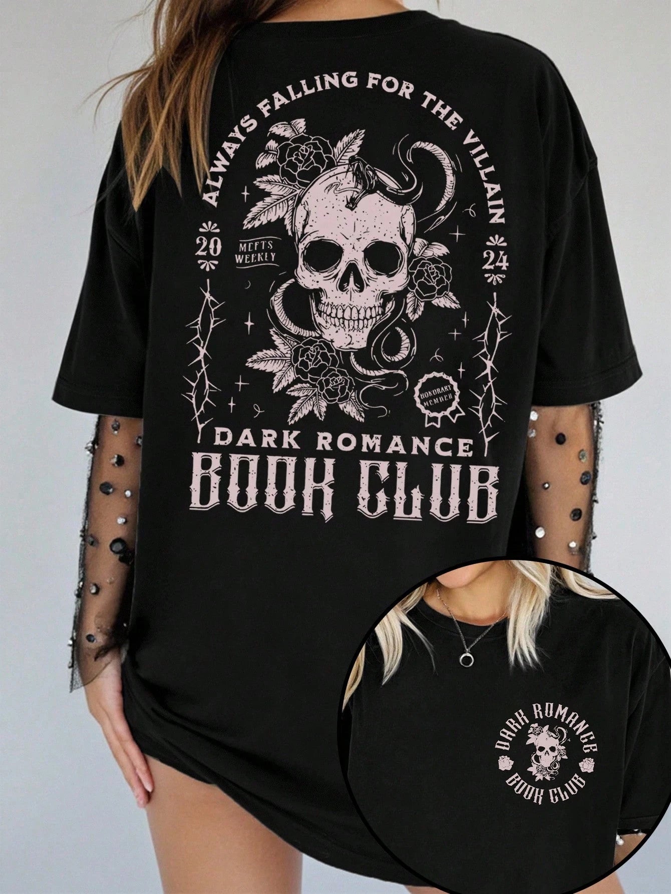EMERY ROSE Plus Size Women Plus Size Casual Loose T-Shirt With Slogan & Skull Print, Street Style For Summer