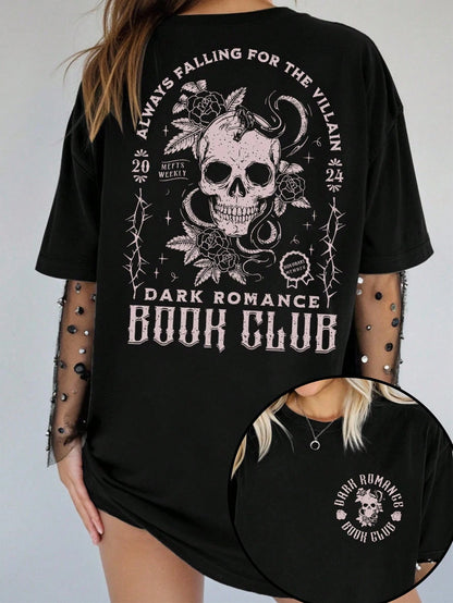 EMERY ROSE Plus Size Women Plus Size Casual Loose T-Shirt With Slogan & Skull Print, Street Style For Summer