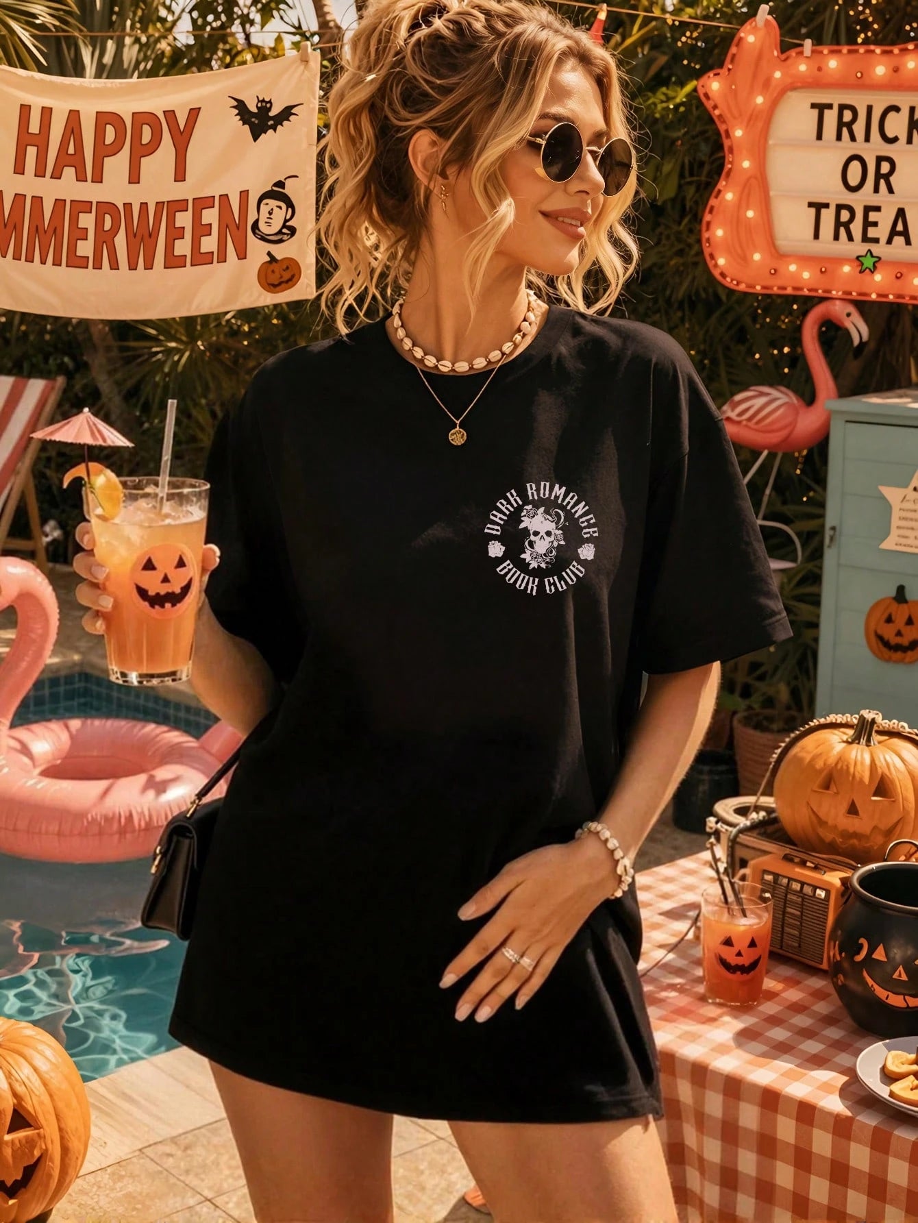 EMERY ROSE Plus Size Women Plus Size Casual Loose T-Shirt With Slogan & Skull Print, Street Style For Summer