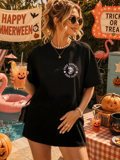 EMERY ROSE Plus Size Women Plus Size Casual Loose T-Shirt With Slogan & Skull Print, Street Style For Summer