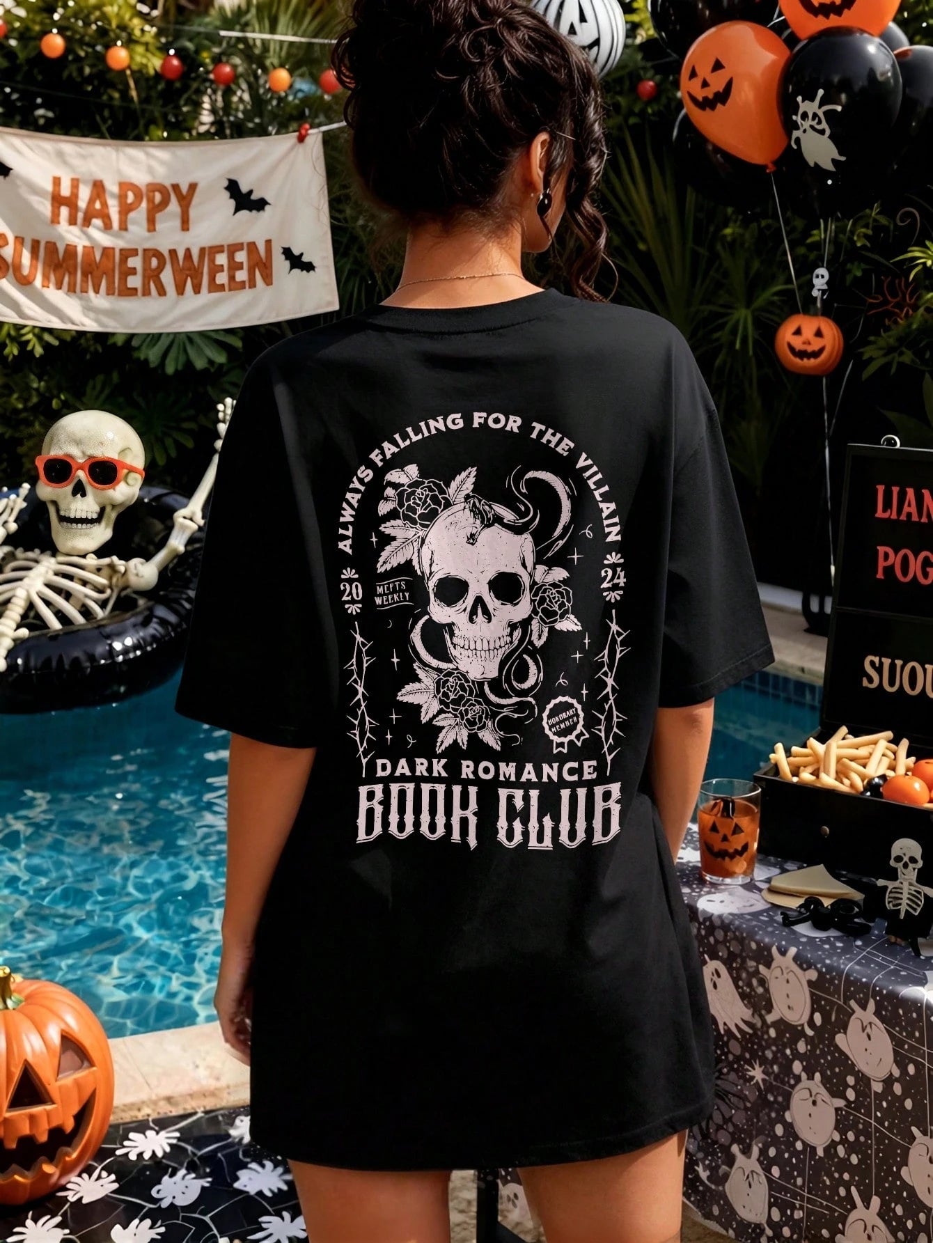 EMERY ROSE Plus Size Women Plus Size Casual Loose T-Shirt With Slogan & Skull Print, Street Style For Summer