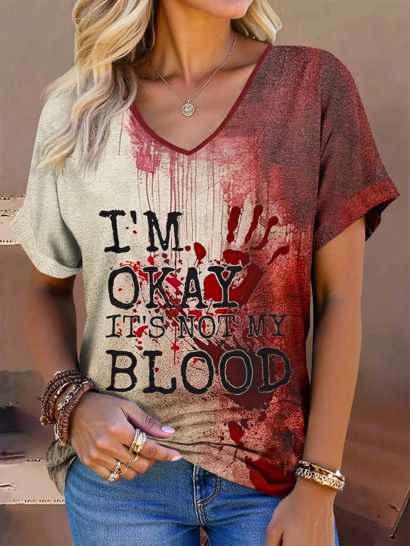 EMERY ROSE Plus Size Women's Halloween Bloody Handprint Graphic T-Shirt With Rolled Up Cuffs, "I'm Okay It's Not My Blood" Letter Print V-Neck Casual Tee Tops