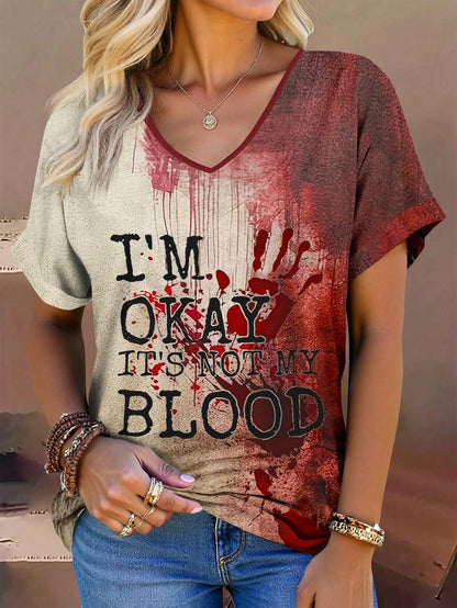 EMERY ROSE Plus Size Women's Halloween Bloody Handprint Graphic T-Shirt With Rolled Up Cuffs, "I'm Okay It's Not My Blood" Letter Print V-Neck Casual Tee Tops
