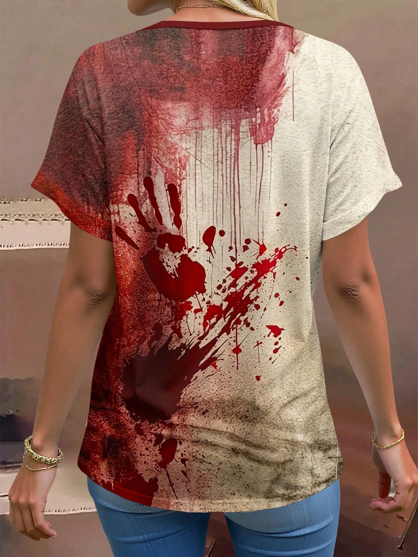 EMERY ROSE Plus Size Women's Halloween Bloody Handprint Graphic T-Shirt With Rolled Up Cuffs, "I'm Okay It's Not My Blood" Letter Print V-Neck Casual Tee Tops