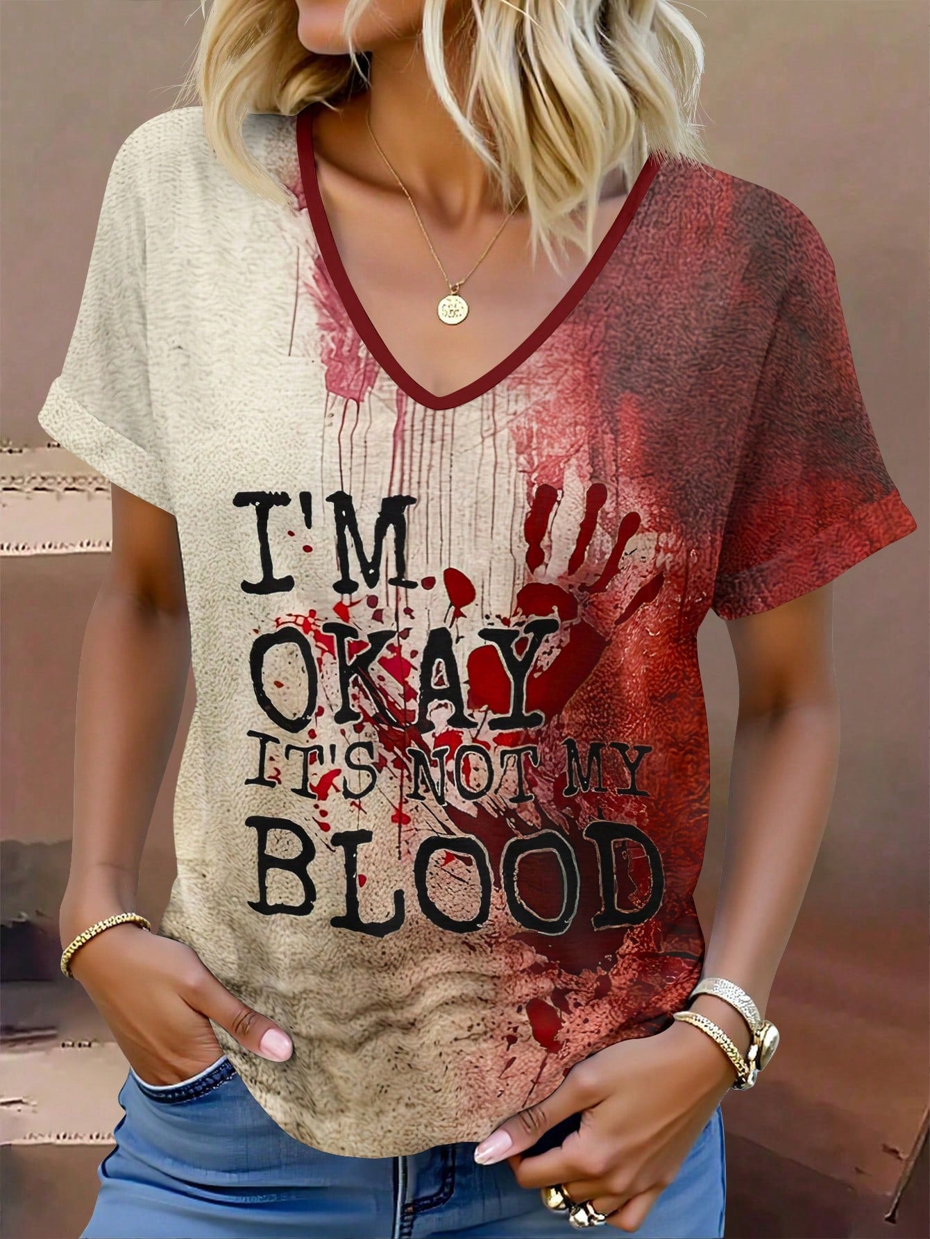 EMERY ROSE Plus Size Women's Halloween Bloody Handprint Graphic T-Shirt With Rolled Up Cuffs, "I'm Okay It's Not My Blood" Letter Print V-Neck Casual Tee Tops