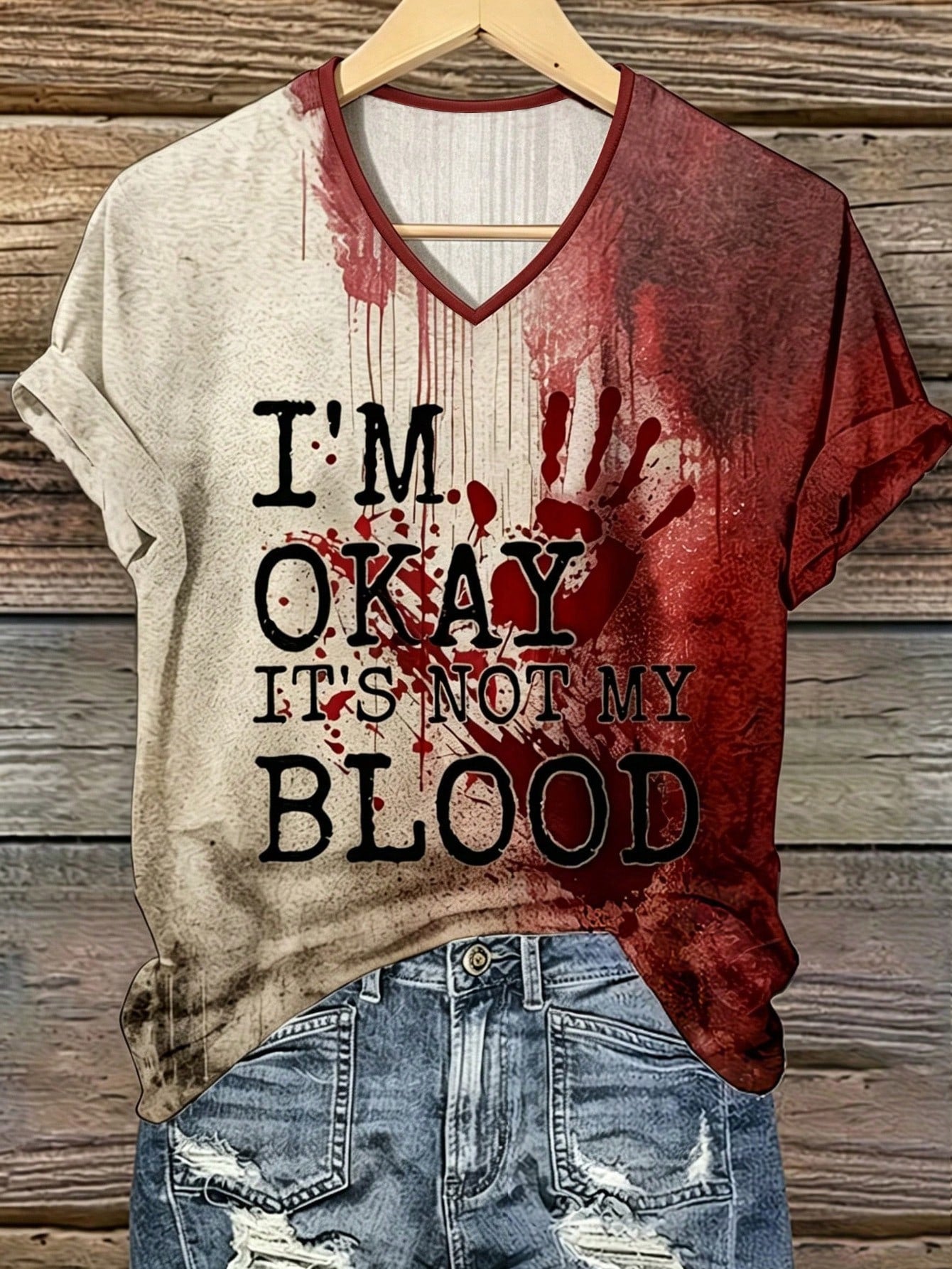 EMERY ROSE Plus Size Women's Halloween Bloody Handprint Graphic T-Shirt With Rolled Up Cuffs, "I'm Okay It's Not My Blood" Letter Print V-Neck Casual Tee Tops