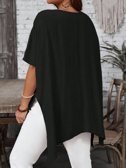 EMERY ROSE Plus Size Women's Solid Color V-Neck Short Sleeve Loose Asymmetrical Long Shirt, Summer