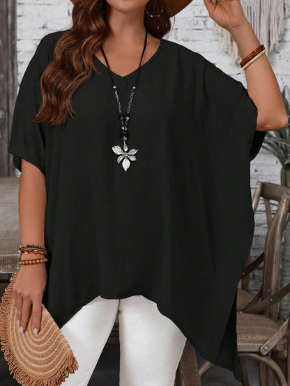EMERY ROSE Plus Size Women's Solid Color V-Neck Short Sleeve Loose Asymmetrical Long Shirt, Summer