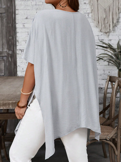 EMERY ROSE Plus Size Women's Solid Color V-Neck Short Sleeve Loose Asymmetrical Long Shirt, Summer