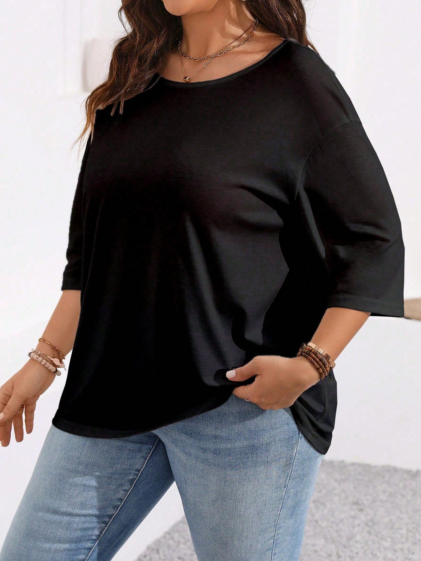 EMERY ROSE Plus Size Women's Summer Solid Color Round Neck Loose Short Sleeve Casual T-Shirt Fall