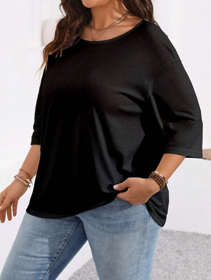 EMERY ROSE Plus Size Women's Summer Solid Color Round Neck Loose Short Sleeve Casual T-Shirt Fall
