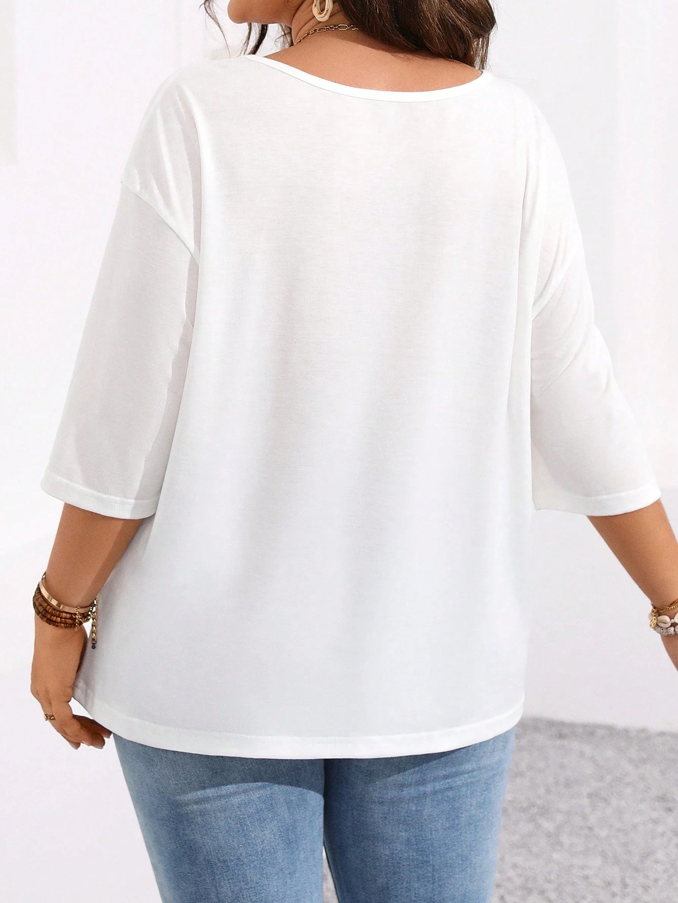 EMERY ROSE Plus Size Women's Summer Solid Color Round Neck Loose Short Sleeve Casual T-Shirt Fall