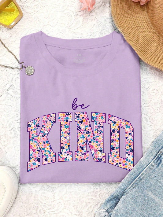 EMERY ROSE Plus Size Women's Summer Tops 'be Kind' Floral Printed Graphic Tee Short Sleeve Casual Crew Neck T-Shirt