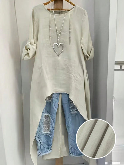 EMERY ROSE Plus Size Women Summer Shirt,Beige Sommar Smart Casual Vacation Round Neck Adjustable Long Sleeve Minimalist Resort Wear Beachwear Long Shirt Fall