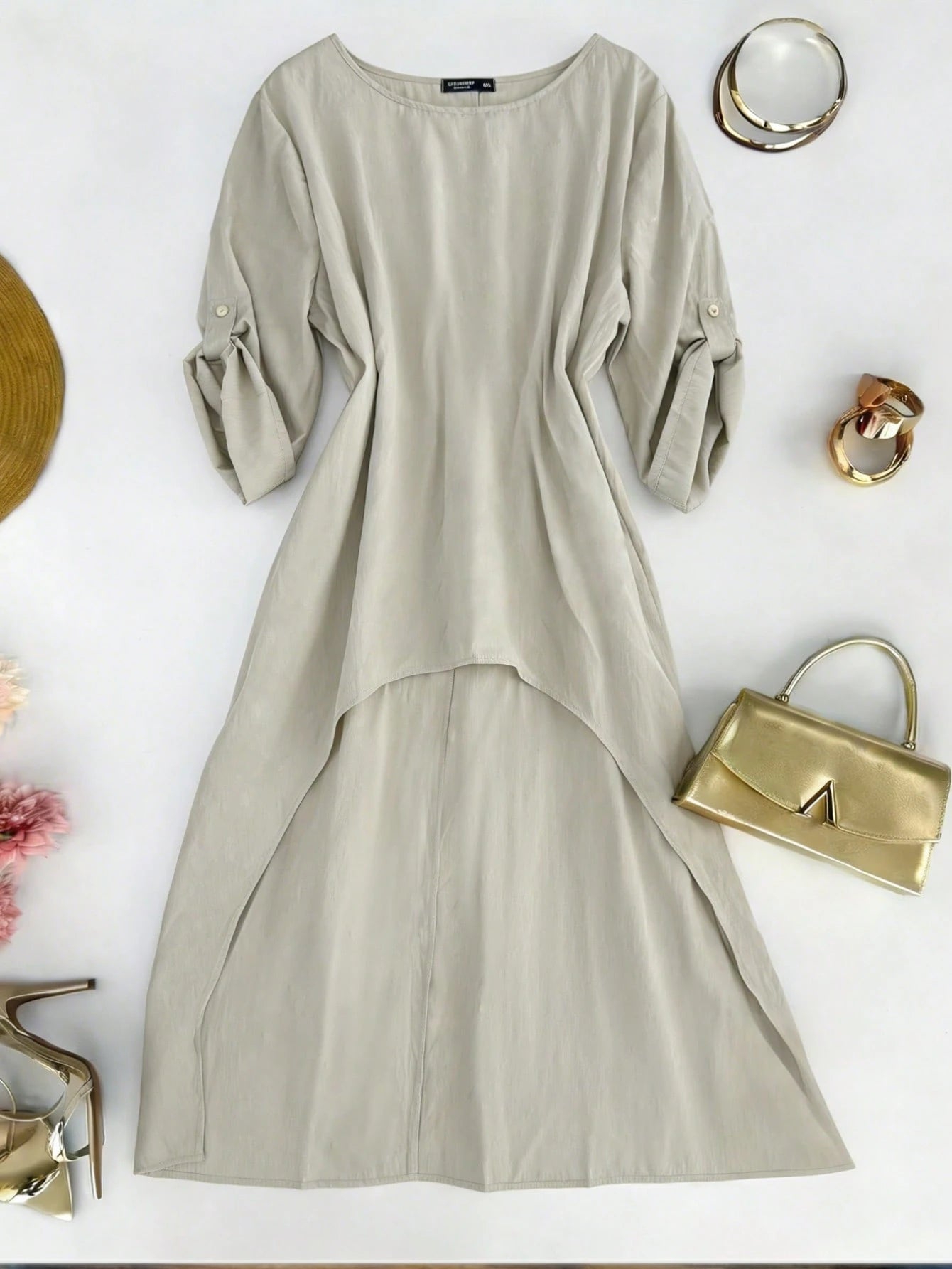 EMERY ROSE Plus Size Women Summer Shirt,Beige Sommar Smart Casual Vacation Round Neck Adjustable Long Sleeve Minimalist Resort Wear Beachwear Long Shirt Fall