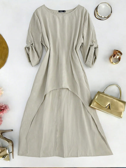 EMERY ROSE Plus Size Women Summer Shirt,Beige Sommar Smart Casual Vacation Round Neck Adjustable Long Sleeve Minimalist Resort Wear Beachwear Long Shirt Fall