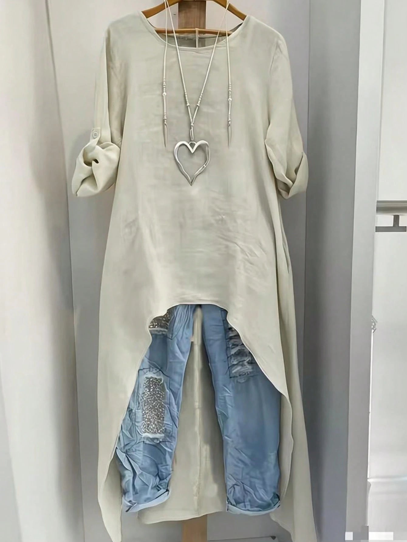 EMERY ROSE Plus Size Women Summer Shirt,Beige Sommar Smart Casual Vacation Round Neck Adjustable Long Sleeve Minimalist Resort Wear Beachwear Long Shirt Fall
