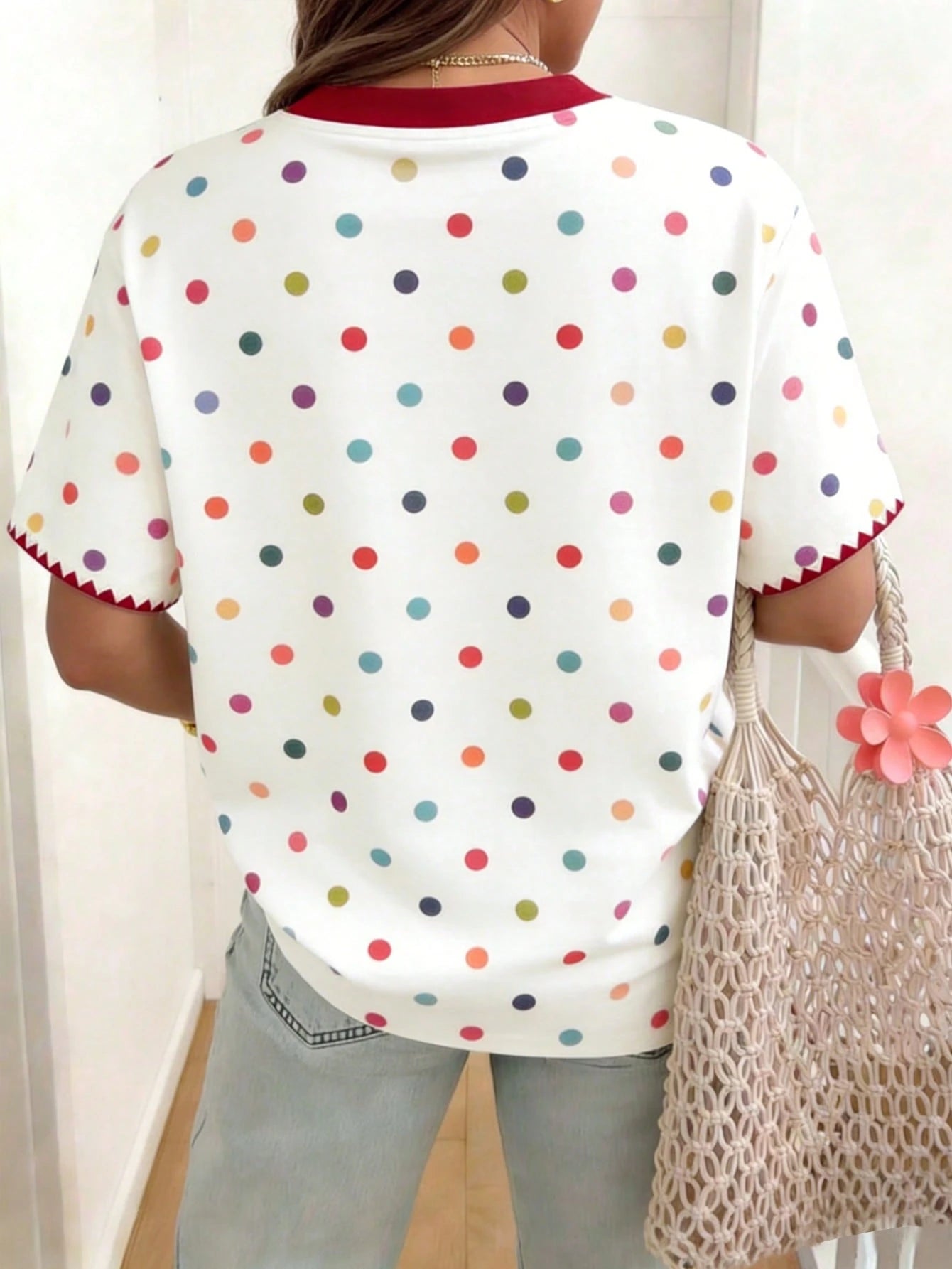 EMERY ROSE Polka Dot Crew Neck Casual Short-Sleeved T-Shirt, Plus Size Women's T-Shirt, Summer Style