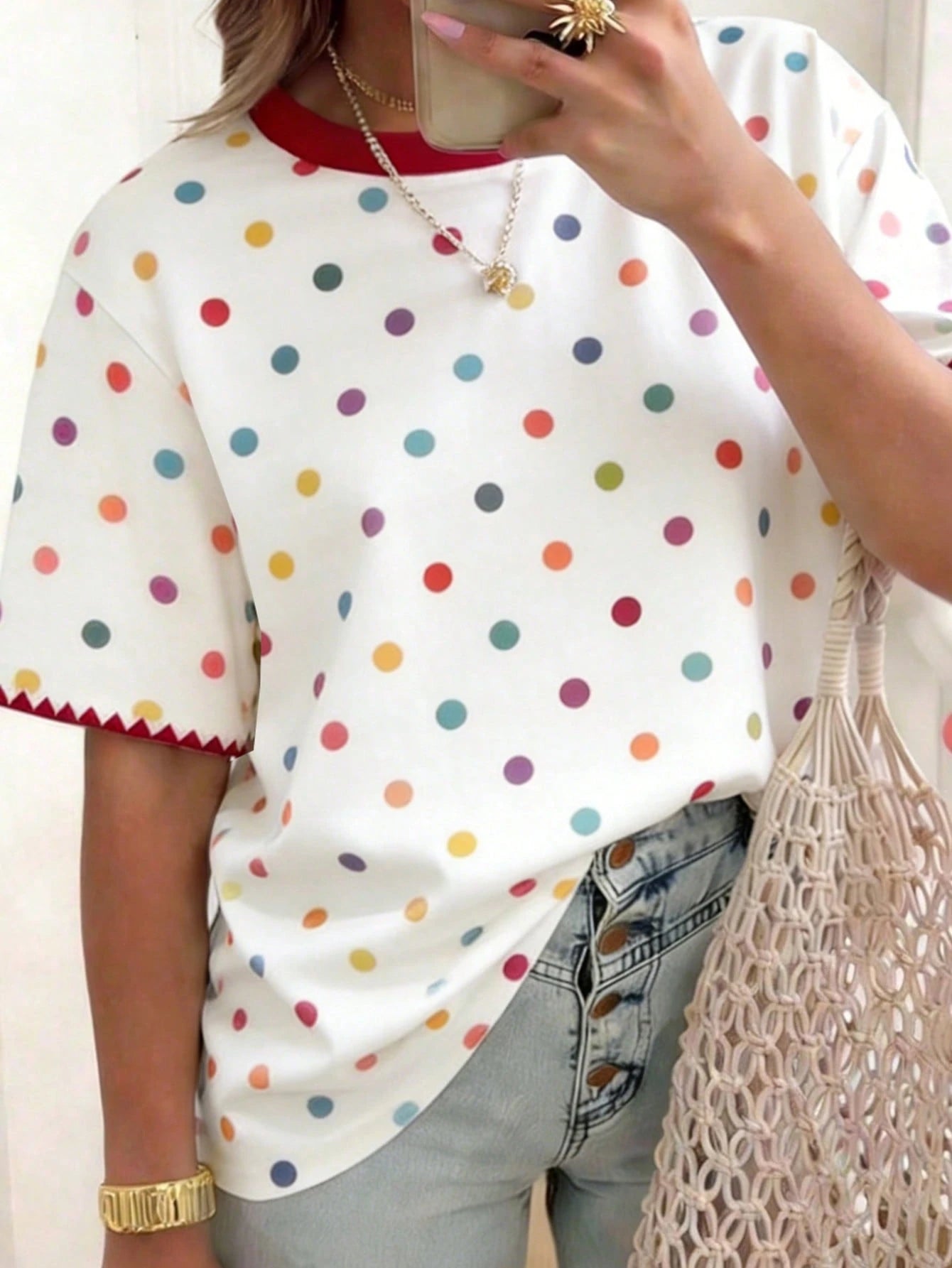 EMERY ROSE Polka Dot Crew Neck Casual Short-Sleeved T-Shirt, Plus Size Women's T-Shirt, Summer Style