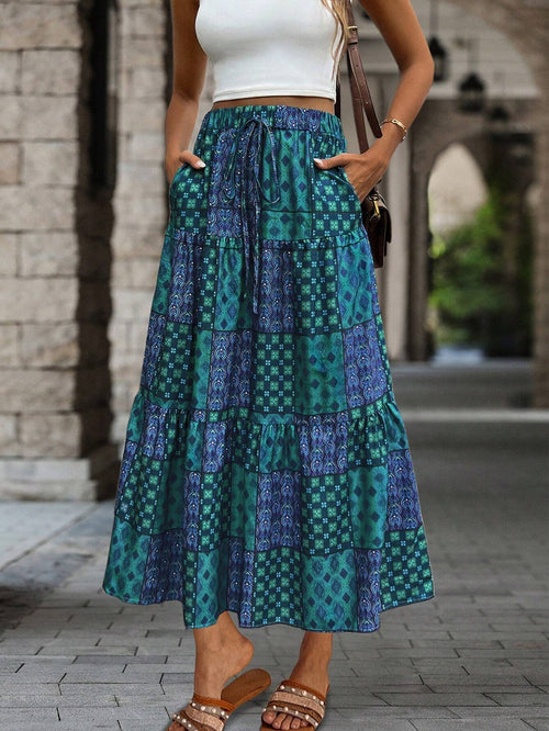 EMERY ROSE Printed Drawstring Waist Ruffle Hem Women Skirt