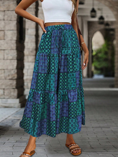 EMERY ROSE Printed Drawstring Waist Ruffle Hem Women Skirt