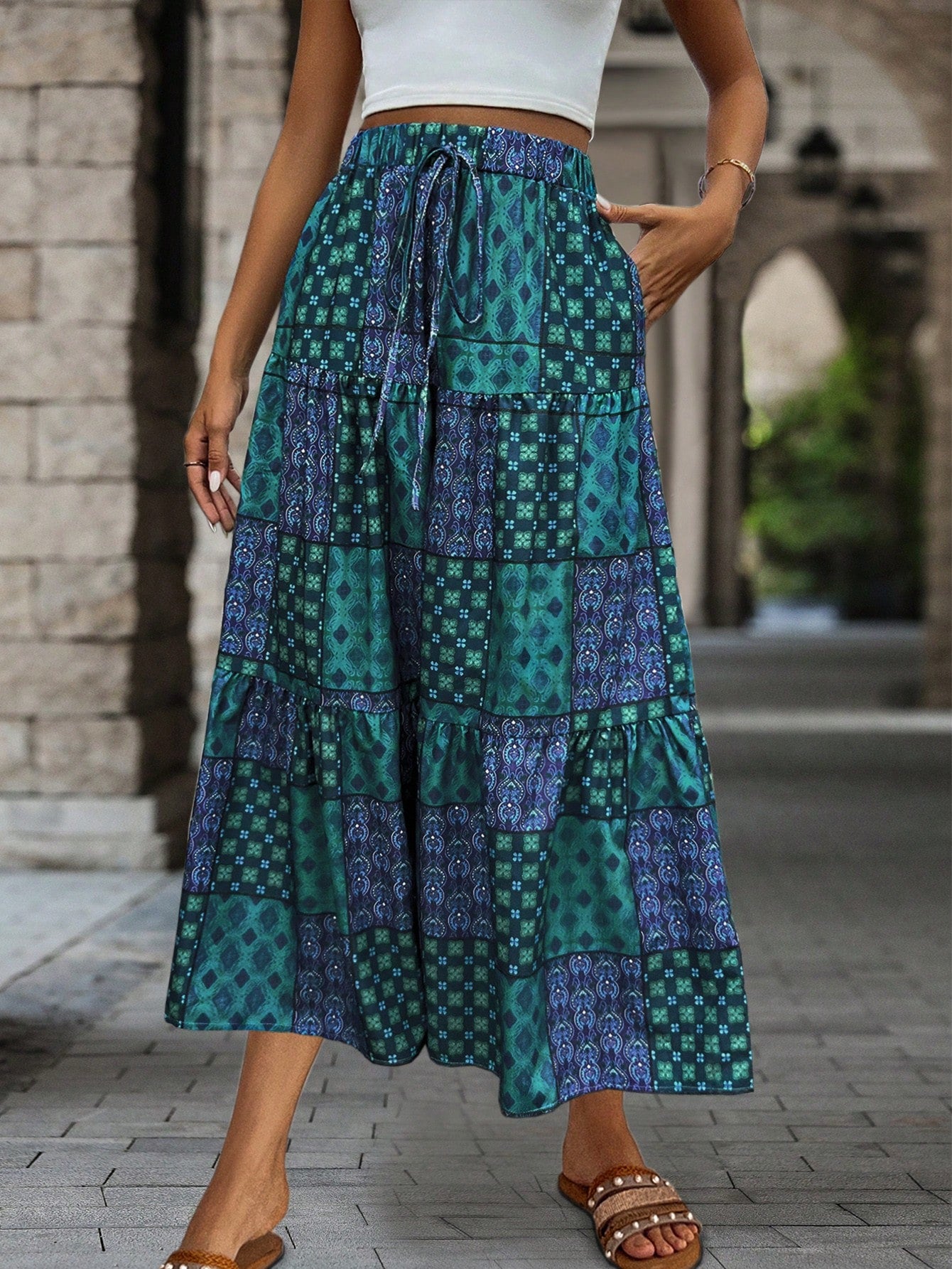 EMERY ROSE Printed Drawstring Waist Ruffle Hem Women Skirt