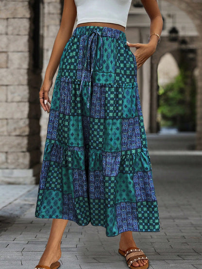 EMERY ROSE Printed Drawstring Waist Ruffle Hem Women Skirt
