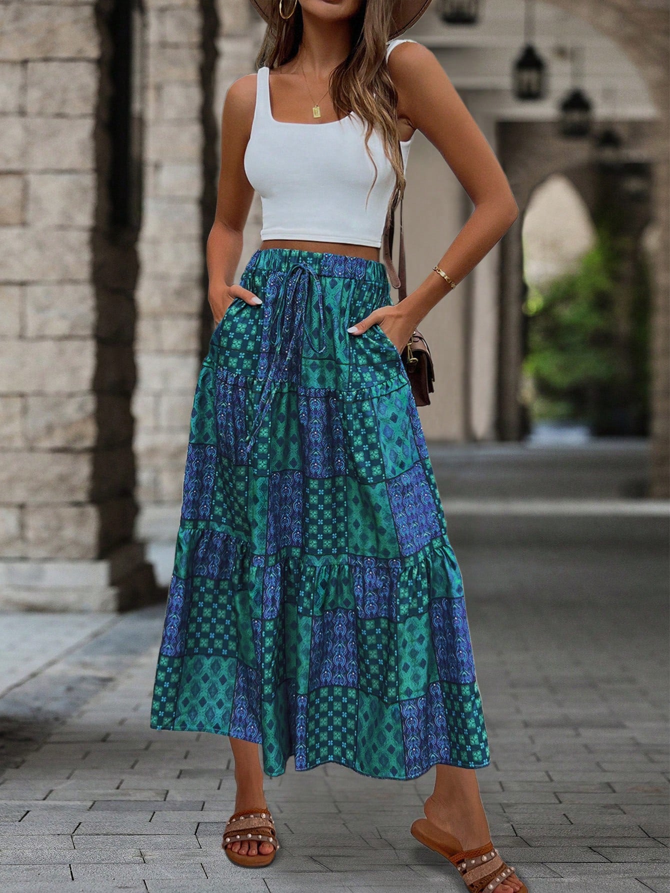 EMERY ROSE Printed Drawstring Waist Ruffle Hem Women Skirt