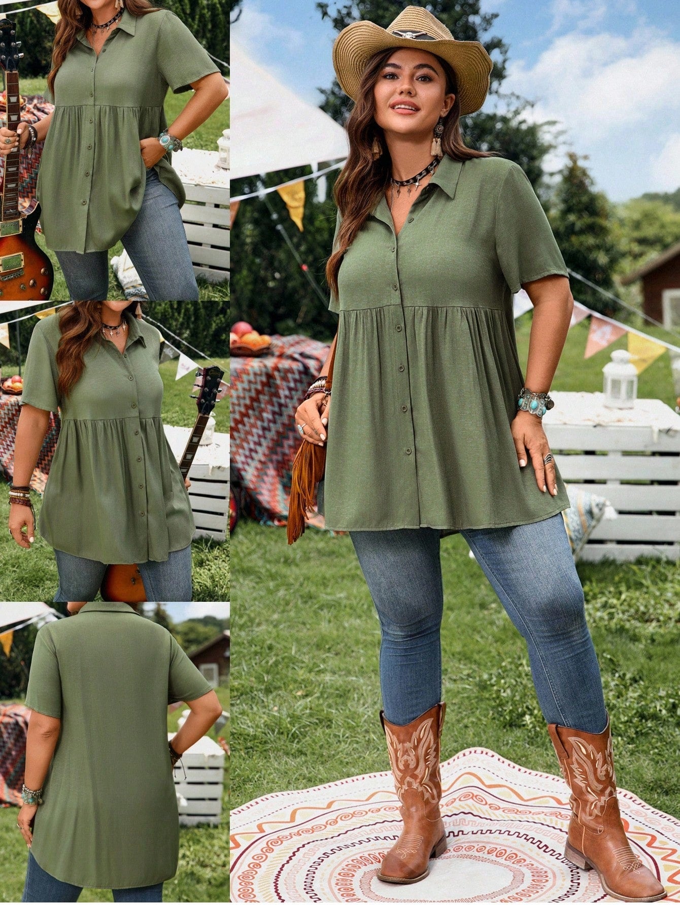 EMERY ROSE Women Plus Size Army Green Linen Shirt,Summer Boho Hiking Casual Button-Front Short Sleeve Tunic Tops,Collared Front Short Rear Long Vacation Shirts