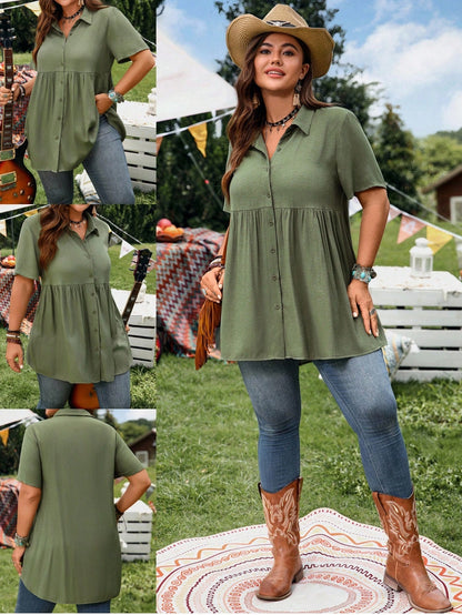 EMERY ROSE Women Plus Size Army Green Linen Shirt,Summer Boho Hiking Casual Button-Front Short Sleeve Tunic Tops,Collared Front Short Rear Long Vacation Shirts