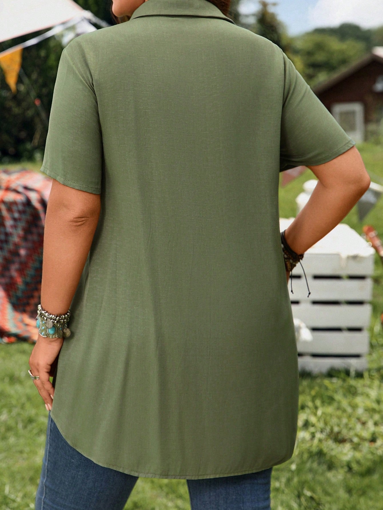 EMERY ROSE Women Plus Size Army Green Linen Shirt,Summer Boho Hiking Casual Button-Front Short Sleeve Tunic Tops,Collared Front Short Rear Long Vacation Shirts