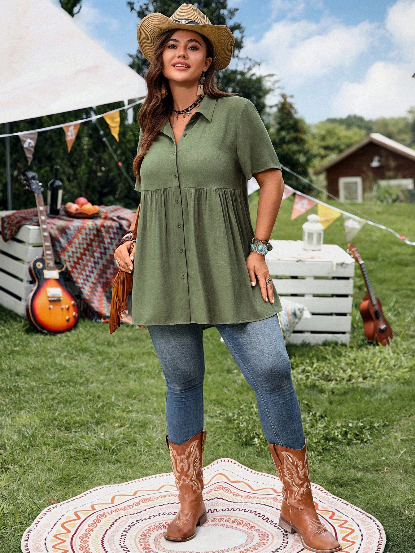 EMERY ROSE Women Plus Size Army Green Linen Shirt,Summer Boho Hiking Casual Button-Front Short Sleeve Tunic Tops,Collared Front Short Rear Long Vacation Shirts
