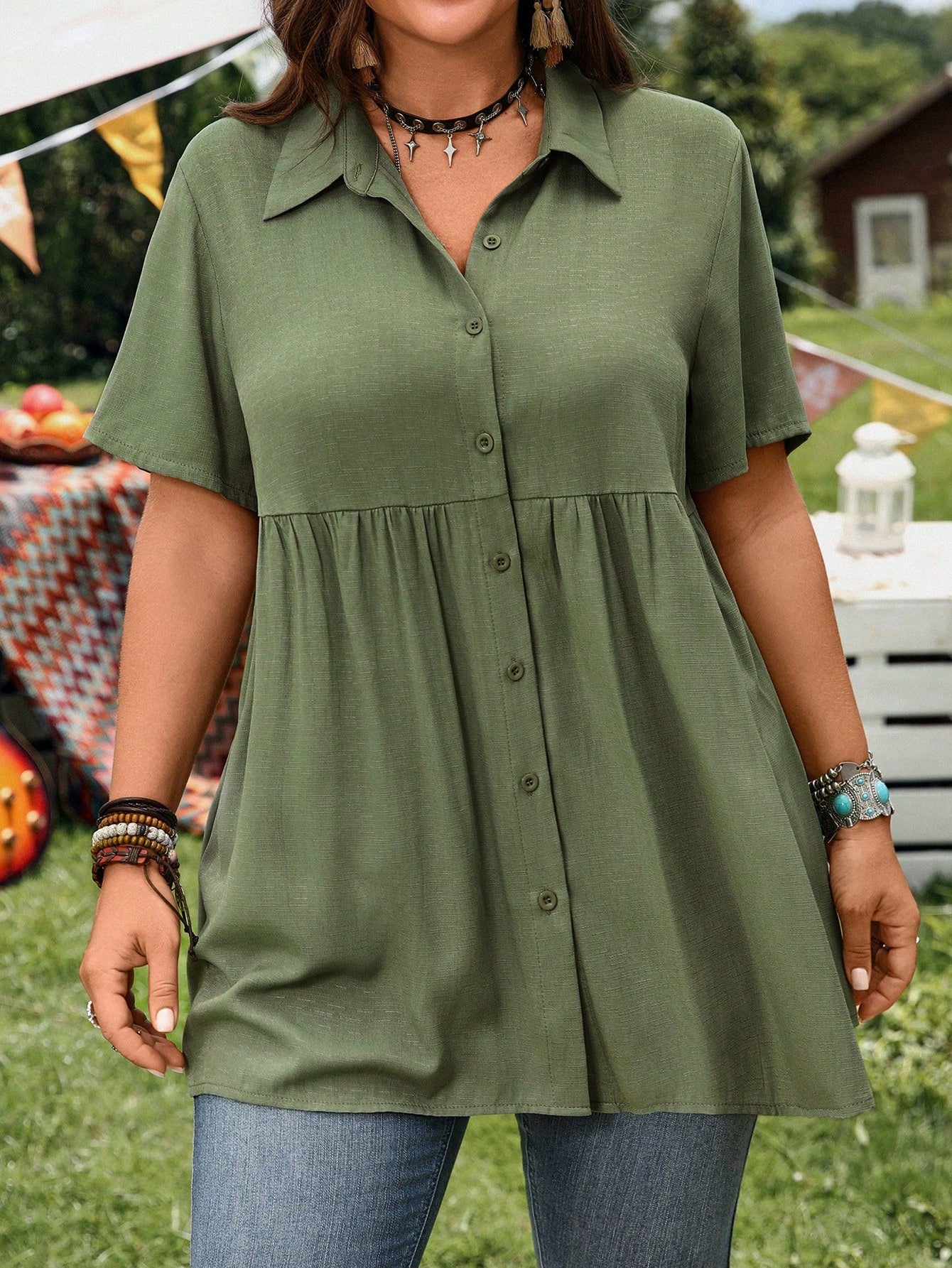 EMERY ROSE Women Plus Size Army Green Linen Shirt,Summer Boho Hiking Casual Button-Front Short Sleeve Tunic Tops,Collared Front Short Rear Long Vacation Shirts