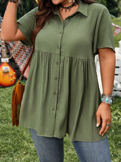 EMERY ROSE Women Plus Size Army Green Linen Shirt,Summer Boho Hiking Casual Button-Front Short Sleeve Tunic Tops,Collared Front Short Rear Long Vacation Shirts