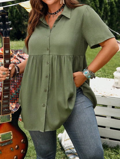 EMERY ROSE Women Plus Size Army Green Linen Shirt,Summer Boho Hiking Casual Button-Front Short Sleeve Tunic Tops,Collared Front Short Rear Long Vacation Shirts
