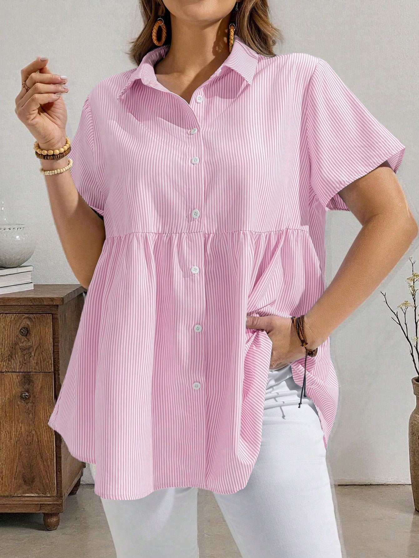 EMERY ROSE Women Plus Size Army Green Linen Shirt,Summer Boho Hiking Casual Button-Front Short Sleeve Tunic Tops,Collared Front Short Rear Long Vacation Shirts