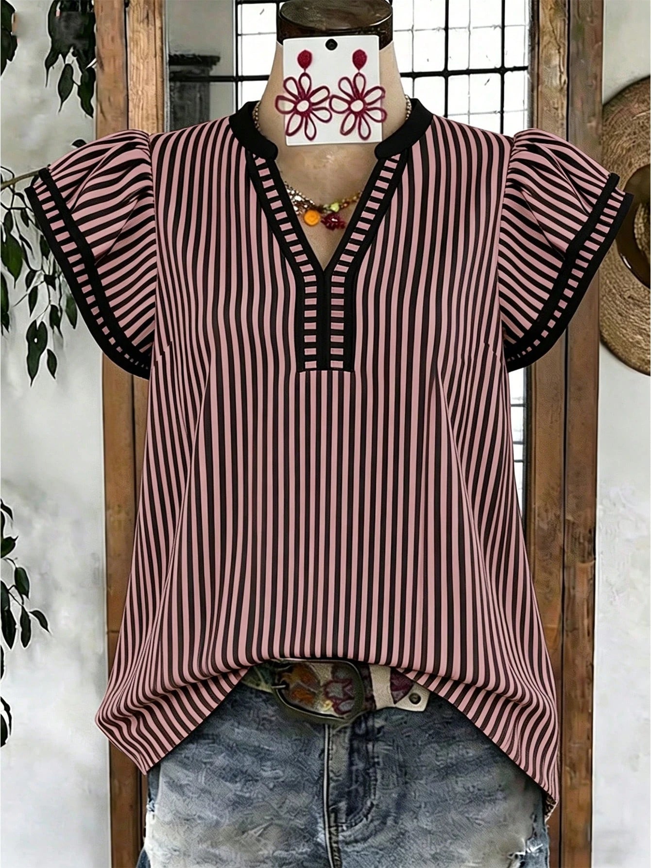 EMERY ROSE Women's Casual Striped V-Neck Top, Brown And White Color Block, Short Puff Sleeves With Contrast Trim, Loose Fit Everyday Top For Women, Women's Summer Top, Women's Office Top