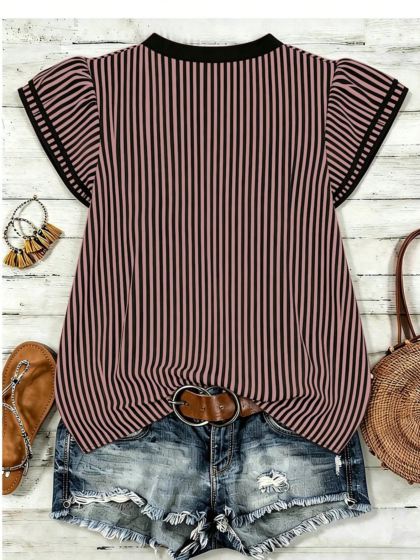 EMERY ROSE Women's Casual Striped V-Neck Top, Brown And White Color Block, Short Puff Sleeves With Contrast Trim, Loose Fit Everyday Top For Women, Women's Summer Top, Women's Office Top