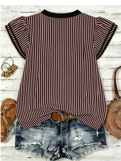 EMERY ROSE Women's Casual Striped V-Neck Top, Brown And White Color Block, Short Puff Sleeves With Contrast Trim, Loose Fit Everyday Top For Women, Women's Summer Top, Women's Office Top