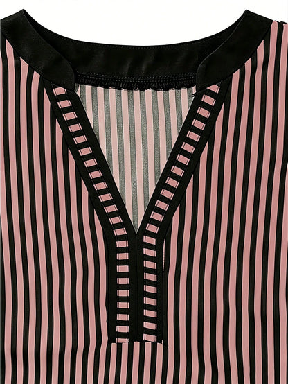 EMERY ROSE Women's Casual Striped V-Neck Top, Brown And White Color Block, Short Puff Sleeves With Contrast Trim, Loose Fit Everyday Top For Women, Women's Summer Top, Women's Office Top