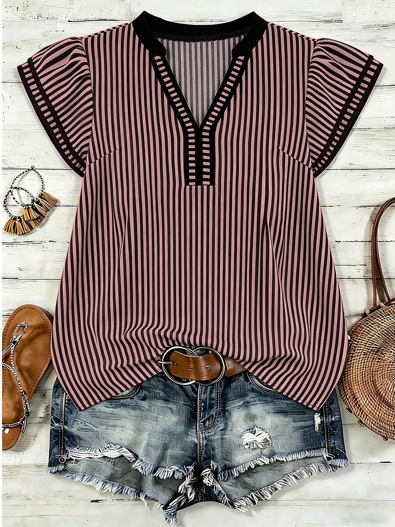 EMERY ROSE Women's Casual Striped V-Neck Top, Brown And White Color Block, Short Puff Sleeves With Contrast Trim, Loose Fit Everyday Top For Women, Women's Summer Top, Women's Office Top