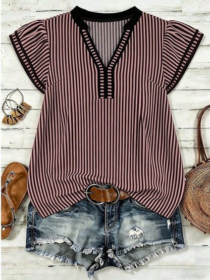 EMERY ROSE Women's Casual Striped V-Neck Top, Brown And White Color Block, Short Puff Sleeves With Contrast Trim, Loose Fit Everyday Top For Women, Women's Summer Top, Women's Office Top
