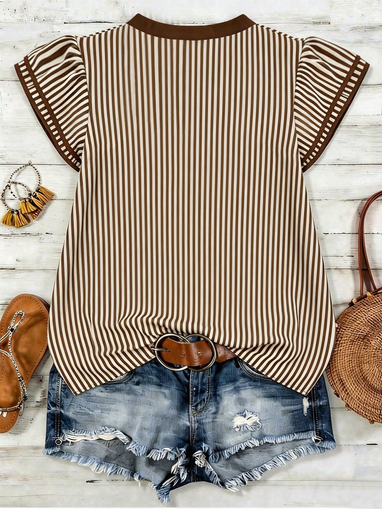 EMERY ROSE Women's Casual Striped V-Neck Top, Brown And White Color Block, Short Puff Sleeves With Contrast Trim, Loose Fit Everyday Top For Women, Women's Summer Top, Women's Office Top