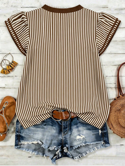 EMERY ROSE Women's Casual Striped V-Neck Top, Brown And White Color Block, Short Puff Sleeves With Contrast Trim, Loose Fit Everyday Top For Women, Women's Summer Top, Women's Office Top